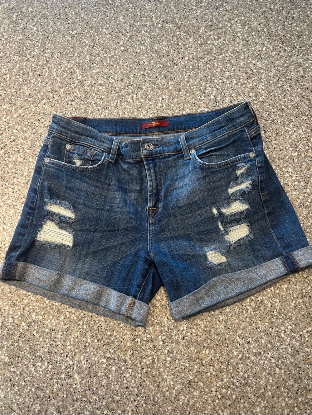 7 for all mankind. Distressed Roll Cuff Denim Shorts - Blue